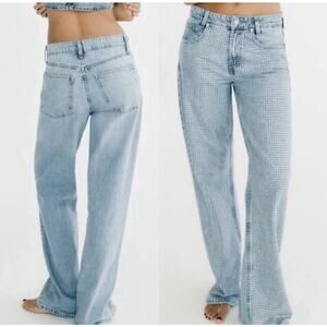 Zara Rhinestone Straight Leg Jeans High-Rise Light Wash Relaxed Size 34 / US 2